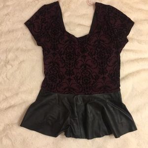 Maroon/black felt flowers with leather peplum top